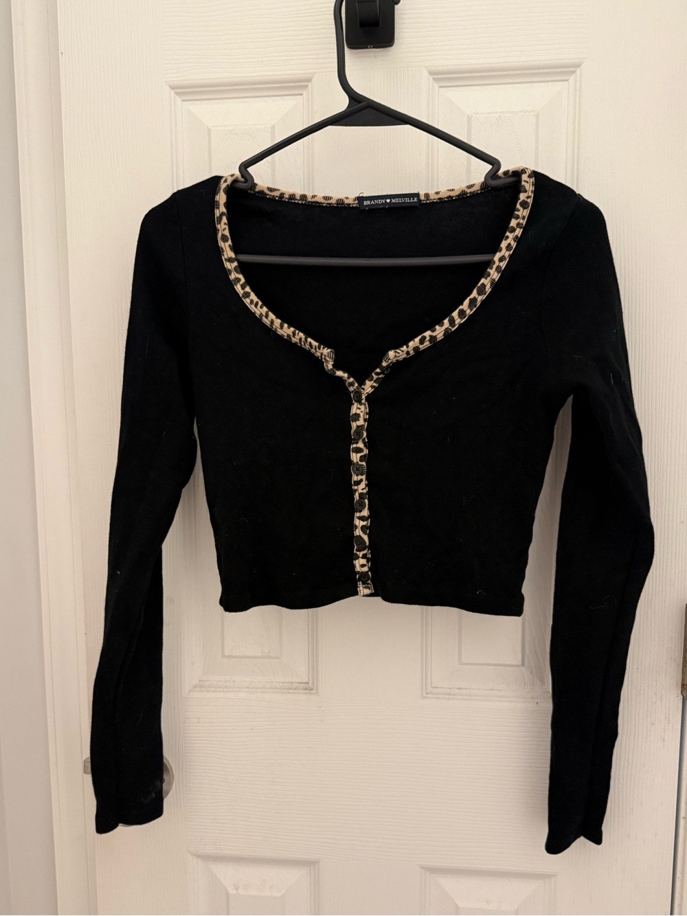 Brandy Melville Black Cropped Cardigan with Leopard Trim